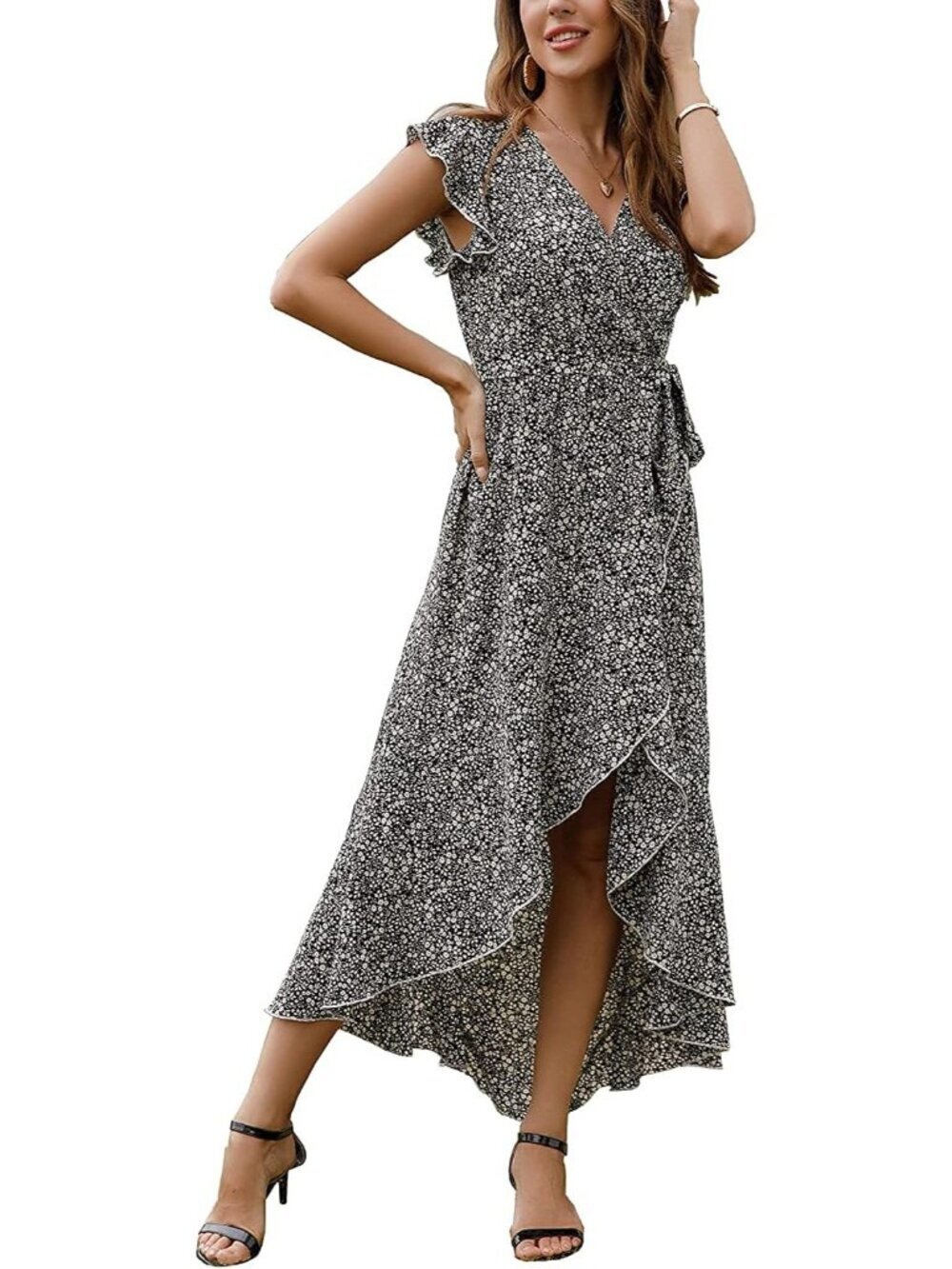 Women's Floret Black Boho Beach Vacation Wrap V Neck Summer Long Maxi Dress